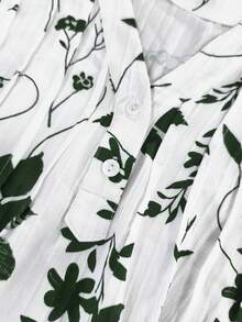 SHEIN LUNE CURVE Plus Size Women Textured Floral Print Ruffle Sleeve Shirt - Dark Green - View 3