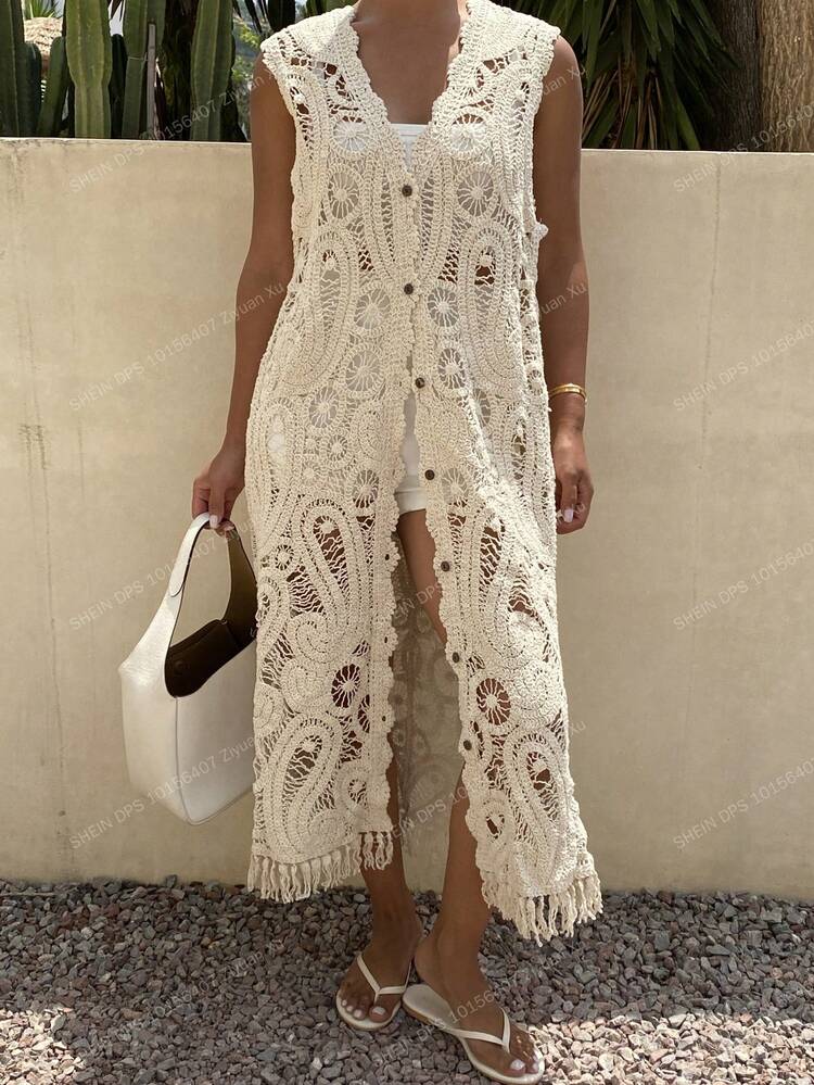 Women's Solid Color Single-Breasted Casual Vacation Beach Cover-Up Dress