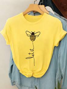 EMERY ROSE Plus Size Women Bee Print Round Neck Short Sleeve Casual T-Shirt - Multicolor - View 3
