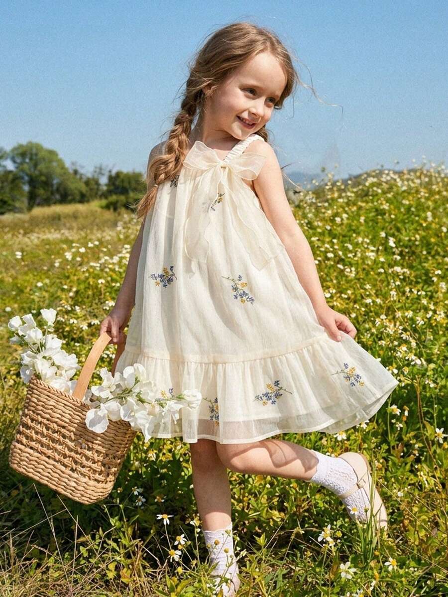 SHEIN Young Girl Solid Color Patchwork Embroidered Mesh Strap Dress Dresses For Girls Kids Dresses With Butterfly Young Girl Dresses Butterfly Dress For Girls Coquette Dress For Kids - Beige - View 1