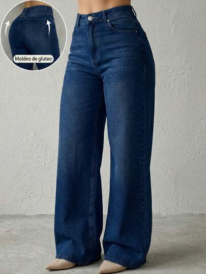 Pantalón Mezclilla Stretch Mujer Corte Wide Leg Cintura Alta