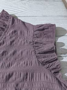 Linhara Plus Size Women's Solid Color Textured V-Neck Ruffle Trim Petal Sleeve Fitted Casual Regular Blouse - Dusty Purple - View 4