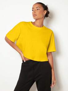SHEIN BASICS 女款素色圓領休閒百搭日常穿著T恤，夏季上衣夏季服飾 - 芥末黃 - 查看 5
