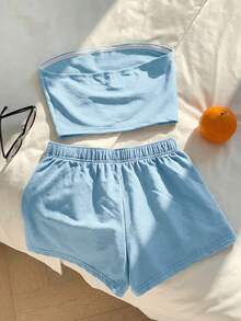 Comfortcana 95%纯棉天蓝色两件套女装，适合度假、毕业季、夏季上衣、日常通勤、约会、聚会、秋冬季、圣诞节、新年、感恩节、派对、婚礼、海滩、毕业典礼等场合，时尚、优雅、休闲、外出、约会、预订、通勤、闪亮、情人节、优雅、度假、休闲、Y2K、外出、毕业典礼等场合。 - 藍色 - 查看 2