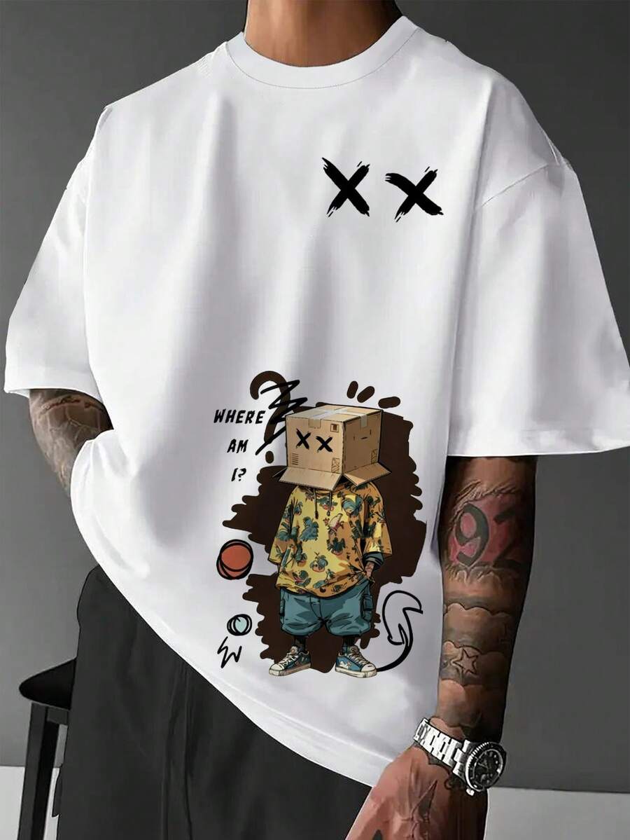 Manfinity Homme Phong cách graffiti đường phố dành cho nam giới: Áo khoác vàng, áo sơ mi hoa, quần cargo, mũ lưỡi trai bằng bìa cứng, áo phông in hình "Where Am I" (Tôi đang ở đâu) thể hiện phong cách tự do, không theo khuôn mẫu và chống lại xu hướng chính thống. - Nhiều màu - Xem 1