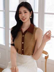 Joudiya Áo vest dệt kim không tay dành cho nữ, thích hợp mặc đi nghỉ mát và công sở, mùa xuân/hè. - Màu Khaki - Xem 3
