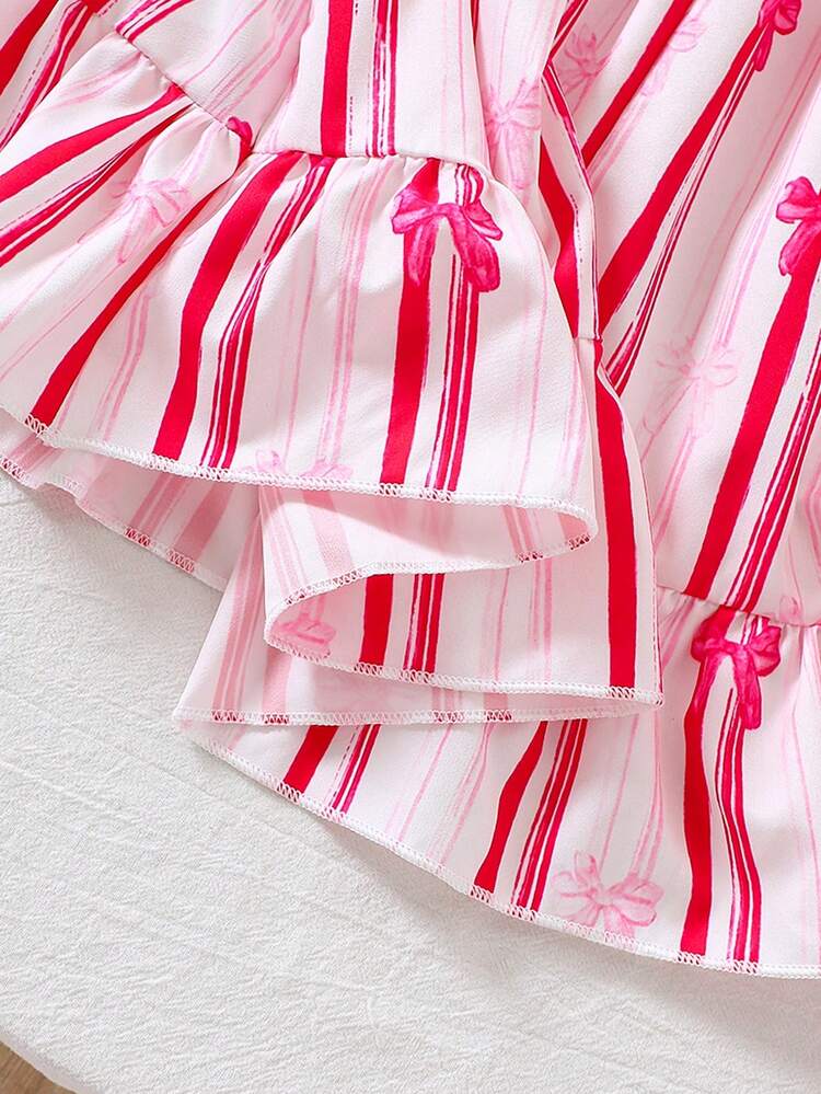 SHEIN Đầm thời trang thường ngày mới cho bé gái (cỡ nhỏ) mùa xuân/hè, thiết kế nơ phía sau, chất liệu vải dệt họa tiết bướm đỏ và sọc, dáng không tay xòe, mềm mại và thoải mái, phù hợp cho bé gái, dễ thương và năng động cho mặc hàng ngày, đi học, đi chơi, nghỉ lễ. - Đỏ - Xem 8
