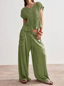 Bohemela 两件套 女士休闲纯色针织宽松圆领T恤和阔腿高腰裤 - 綠色 - 查看 3