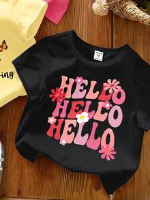 3 pezzi Magliette casual per ragazze, primavera estate autunno, con stampe floreali, girasoli, farfalle, lettere, set di magliette corte basic, colori giallo, nero, rosso rosa, comodo per uso quotidiano, stili estivi e autunnali, adatti per bambine - Fucsia - Visualizzare 4