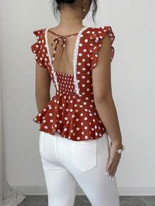 Elenzga Women's Elegant Polka Dot Print Ruffle Hem Waist Shirt, Summer - Orange - View 2