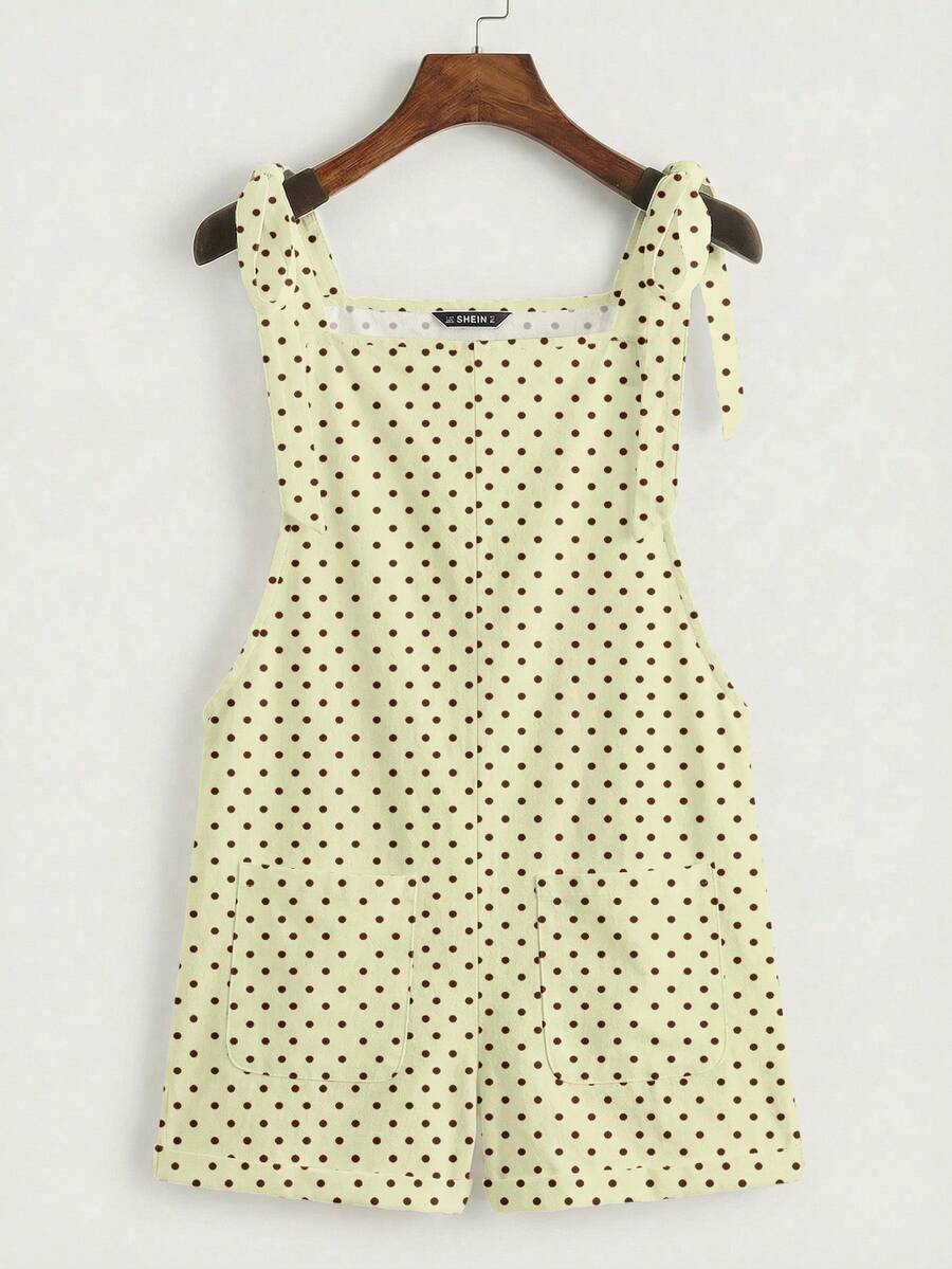SHEIN EZwear 夏季休闲宽松波点印花系带腰带口袋拼接黄色吊带连体连衣裙,适合夏季、度假、音乐节、返校、海滩、夏季派对等场合。 - 彩色 - 查看 1