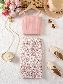 Emery Rose Kids Emery Rose Kids 女童两件套：纯色针织圆领修身休闲T恤和碎花迷你裙 - 彩色 - 查看 3