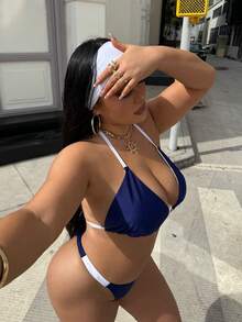 Swim SXY Plus Size Women 2pcs Solid Color Halter Tie Sexy Beach Resort Bikini Swimwear - Blue - View 6