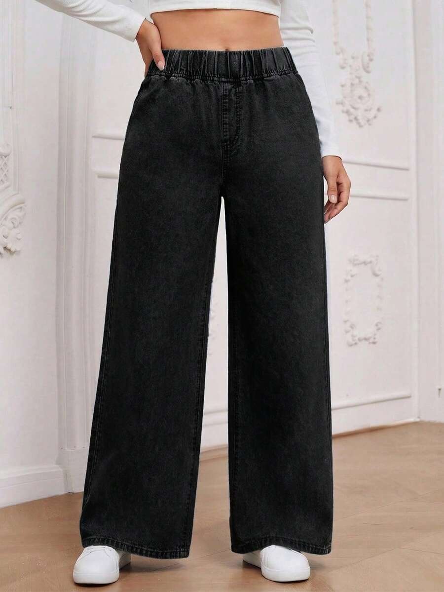 EMERY ROSE Plus Size Women's Casual Versatile Elastic Waist Baggy Jeans - Black - View 1