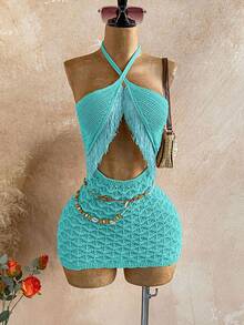 Soleia Vestido de suéter de punto ajustado con cuello halter, espalda descubierta y hueco para mujer de unicolor - Azul - Ver 3