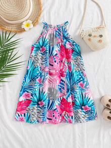SHEIN 少女无袖碎花休闲雪纺连衣裙 - 綠色 - 查看 6