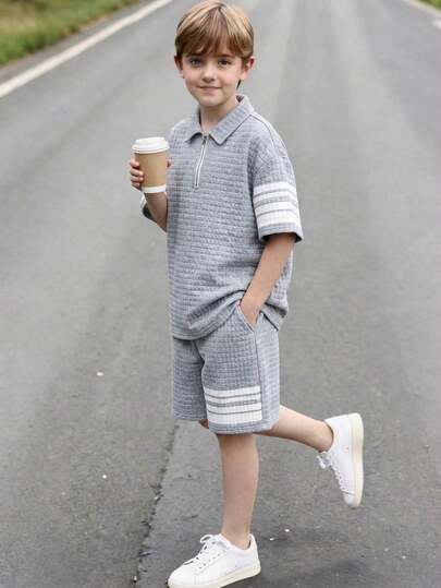 SHEIN 2pcs/Set Tween Boy Casual School Texture Polo Shirt And Shorts Set, Suitable For Commuting, School, Daily Casual, Sports, Spring/Summer