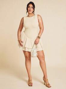 SHEIN BAE Plus Size Women's Elegant,Festa,Wedding Guest Beige,Summer Sleeveless Tight Pleated Slim Double Layer Ruffle Jumpsuit,Valentine's Day White Jumpsuit - Apricot - View 4
