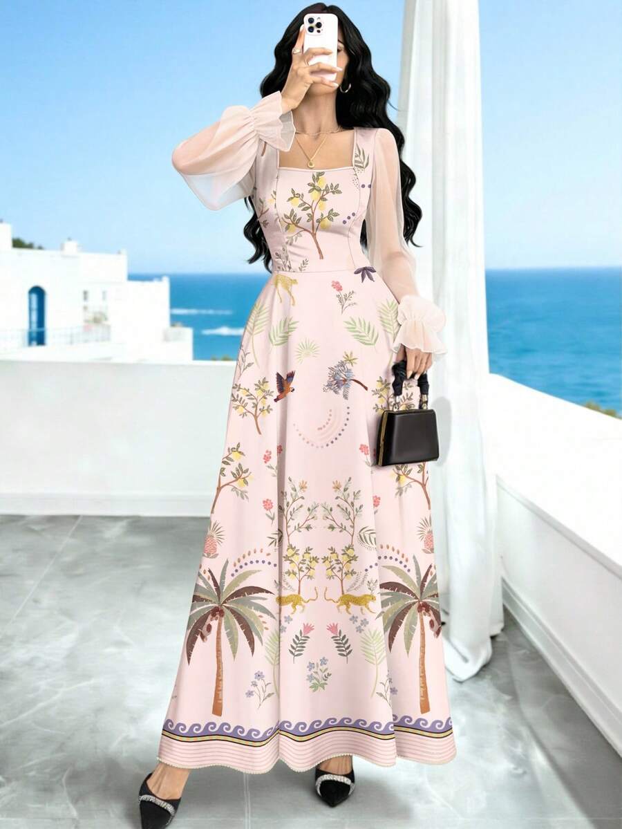 Modelyn 豹纹、椰枣树、花卉印花优雅连衣裙,时尚方领灯笼袖设计,收腰长裙,适合夏季度假和日常穿着。 - 彩色 - 查看 1