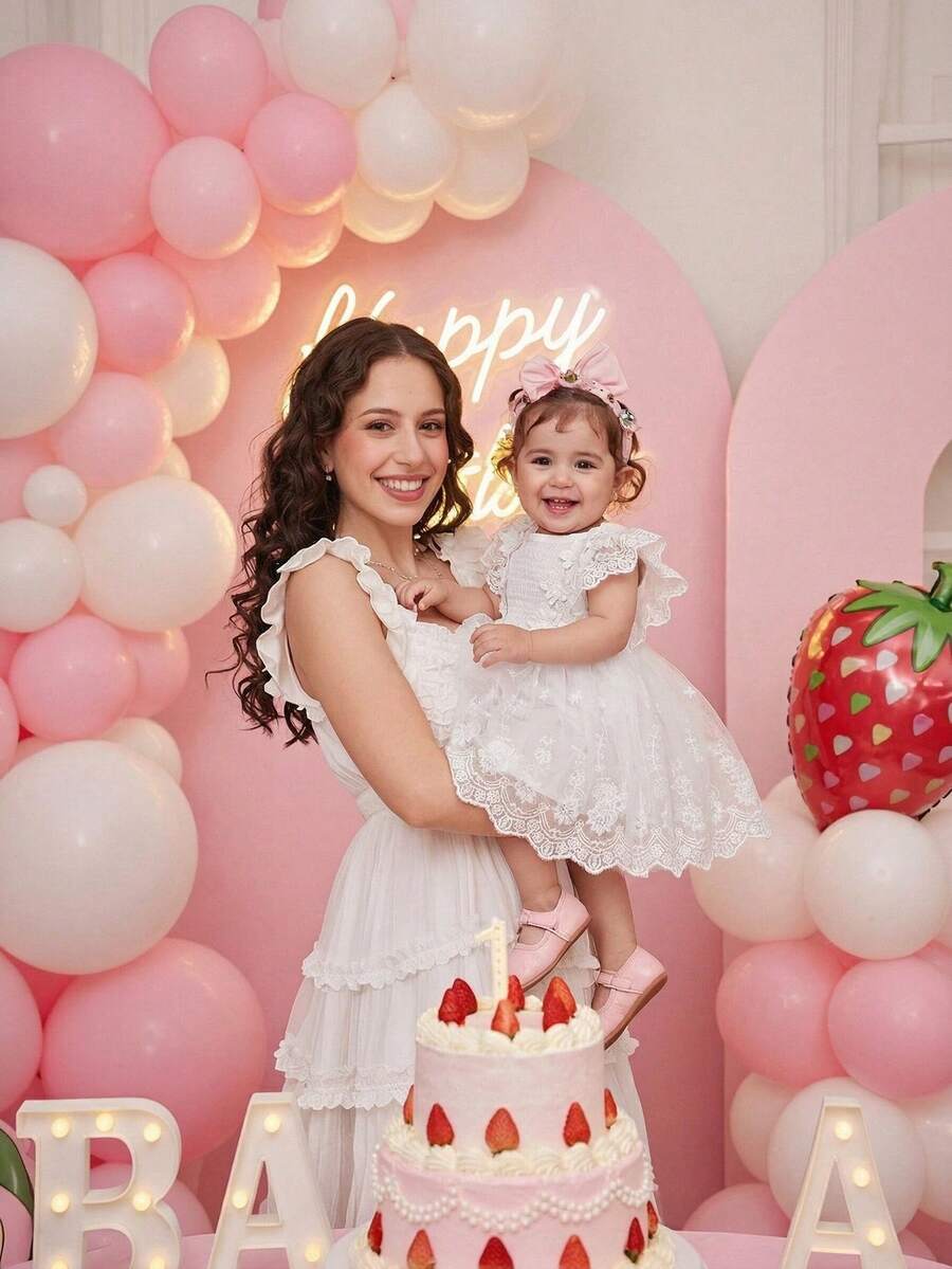 SHEIN Glamorique Kids Đầm bồng sang trọng, không tay, màu trắng, ren hoa, thắt eo cho bé gái. - trắng - Xem 1