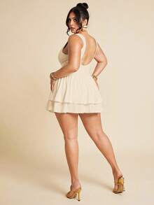 SHEIN BAE Plus Size Women's Elegant,Festa,Wedding Guest Beige,Summer Sleeveless Tight Pleated Slim Double Layer Ruffle Jumpsuit,Valentine's Day White Jumpsuit - Apricot - View 2