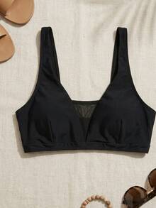 SHEIN Swim Women One-Piece Plain Black & Mesh Swimsuit Top, Suitable For Beach Holiday For Summer Beach Vacation - Black - View 6