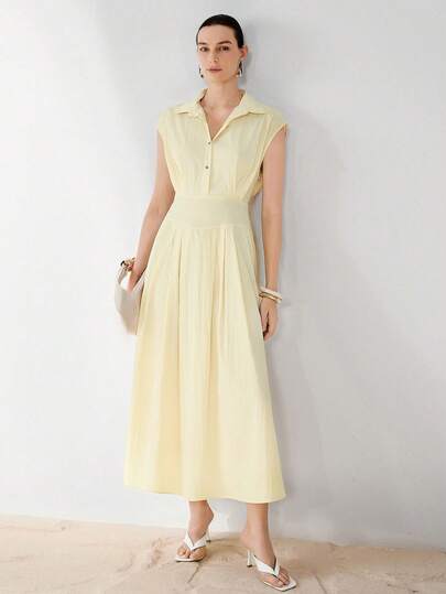 Aveloria Modichic Đầm maxi không tay cổ bẻ, eo thon, màu trơn, thanh lịch, thích hợp cho công sở mùa Xuân/Hè, màu vàng nhạt trong suốt, thiết kế cắt 3D, cài cúc phía trước, kiểu dáng tối giản, đầm maxi dự tiệc thường ngày thanh lịch dành cho nữ.
