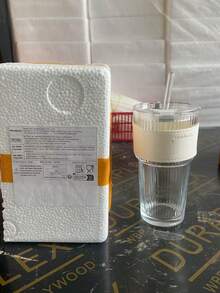 1 pieza, Vaso de vidrio a rayas con pajita y tapa - 20.29oz/600ml, Vaso de vidrio visualmente atractivo apto para café, té, leche, americano helado y bebidas con leche, vaso de vidrio - Transparente - Ver 18