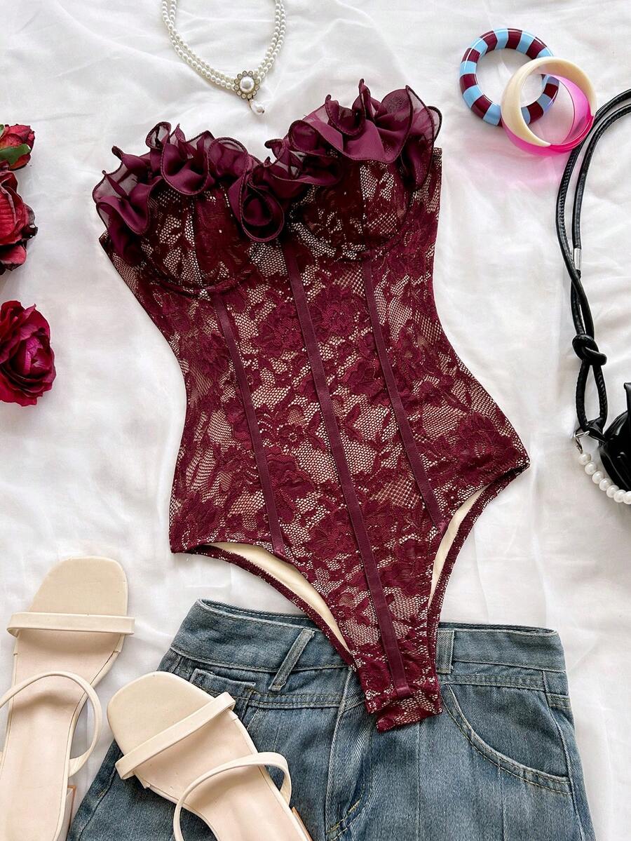 Soleia Body con volantes sin tirantes para mujer, adecuado para vacaciones, fiestas, té de la tarde, festivales de música, playa, atuendo de verano, estilo bohemio, ganchillo, lino - Burdeos - Ver 1