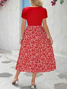 SHEIN Maternity Round Neck Color Block Fashionable Vacation Dress - Red - View 2