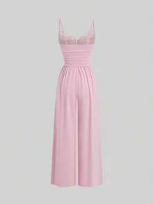 Sweetra Bộ jumpsuit nữ phong cách Y2K gợi cảm, phối ren, ống rộng, đa năng. - Hồng - Xem 2