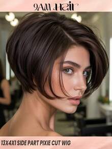 Chic Short Straight Pixie Cut Human Hair Wigs Chocolate Brown Bob Wig 13x4x1 Lace Frontal Natural Hairline Pre-Plucked T Part Lace Front Wigs For Women Daily&Holiday Use - S4 - View 1