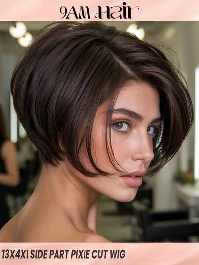 Peluca corta de bob con flequillo, color marrón chocolate, de cabello humano brasileño virgen recto, con encaje frontal, para mujeres, # 4 marrón, pelo corto de tipo bob, línea del cabello natural