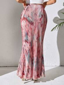 Spring And Summer Casual Pleated Elastic Waist Fish Tail Hem Long Skirt With Random Prints Maxi Skirt Fall Cloth For Women - Pink - View 4