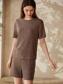 MOTF PREMIUM SOLID RIB-KNIT DROP SHOULDER OVERSIZE TOP & SHORTS LOUNGE SET - Brown - View 4