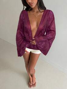 Aloruh Women's Deep V-Neck Floral Embroidery Pattern Casual Versatile Daily Wear Shirt,Summer Top - Burgundy - View 4