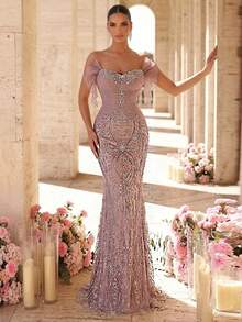 Glamrae Elegant Luxurious Pearl Diamond Off-Shoulder Ruffle Mesh Ruched Beaded Sequin Floral Embroidered Fishtail Dress For Weddings,Galas&Formal Occasions - Pink - View 6