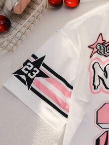 SHEIN 2pcs/Set Young Girl Letter & Number Pattern V-Neck Loose Casual T-Shirt And A-Line Skirt - Pink - View 12