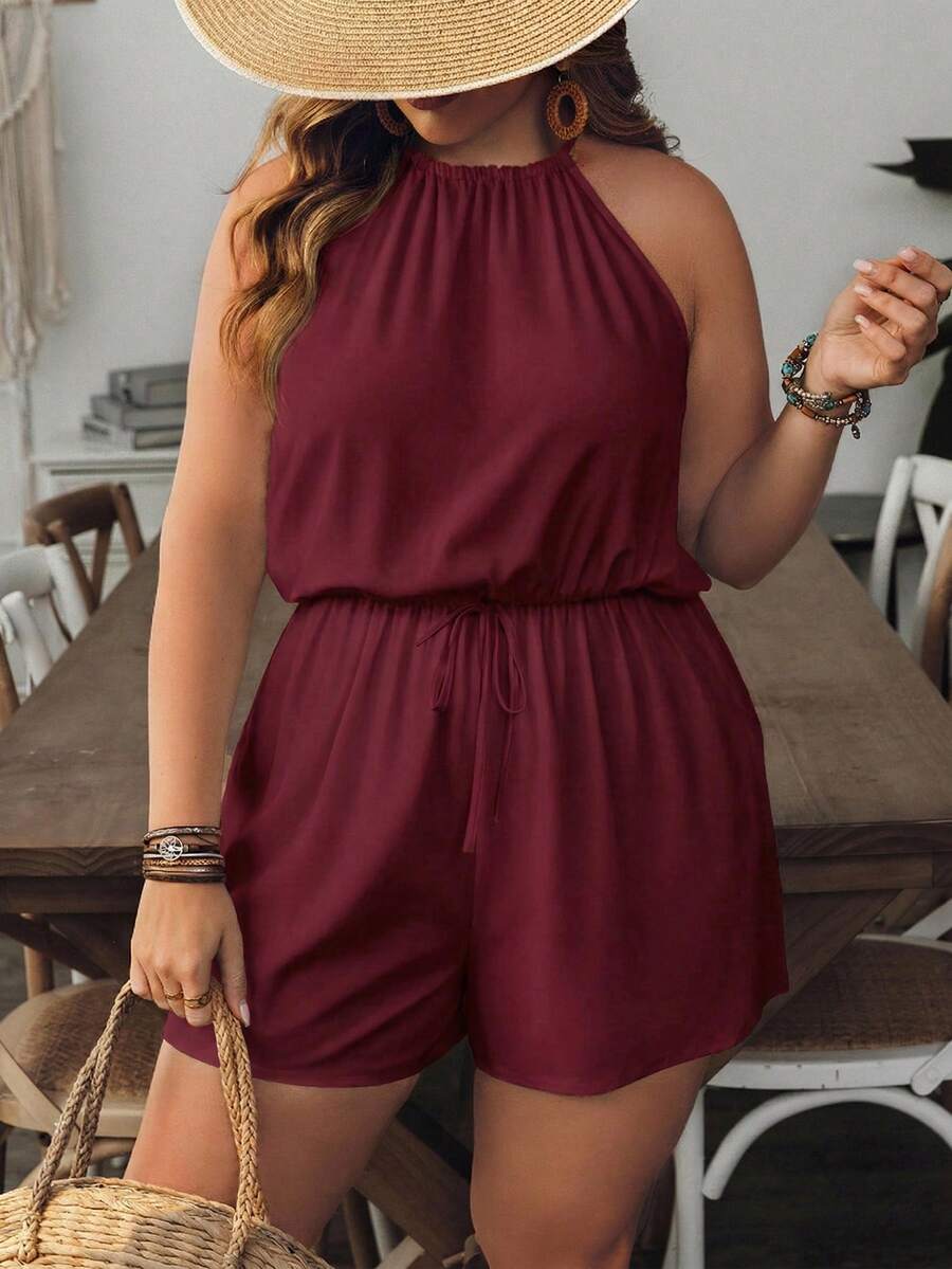 SHEIN VCAY Rompi Kasual Wanita Ukuran Besar Warna Polos Model Halter Berlipit untuk Pemakaian Sehari-hari - Burgundy - View 1
