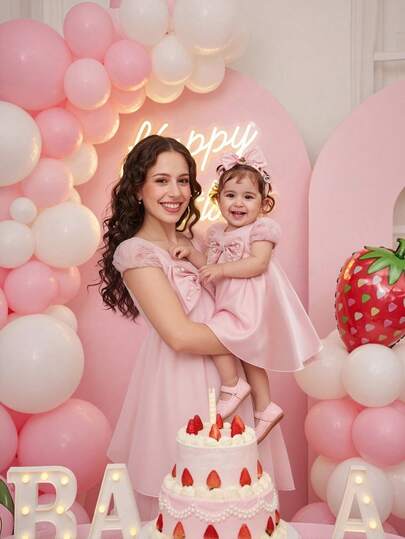 SHEIN Glamorique Kids Baby Girls' Elegant Charming Pink 3D Rose Flower Short Sleeve Round Neck Cute Faux Pearl Bow Decor Fluffy Dress