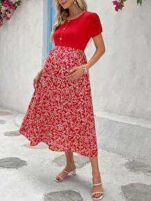 SHEIN Maternity Round Neck Color Block Fashionable Vacation Dress - Red - View 4