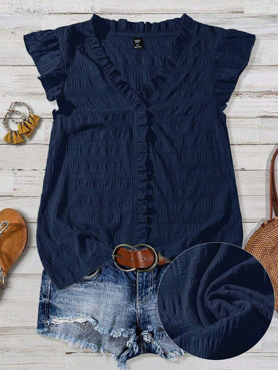 Linhara Plus Size Women's Solid Color Textured V-Neck Ruffle Trim Petal Sleeve Fitted Casual Regular Blouse - Navy Blue - View 1