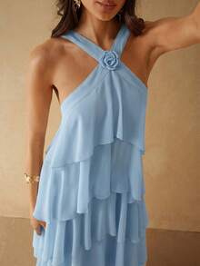Vestido de fiesta de moda con decoración floral 3D para mujer - Celeste - Ver 5