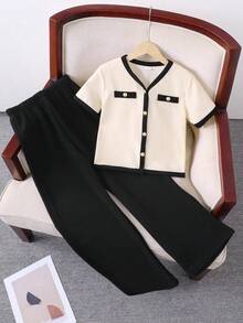 SHEIN Bộ đồ 2 món cho bé gái tuổi teen: áo ngắn tay cổ chữ V phối màu tương phản và quần dài kiểu dáng thường ngày. - Màu be - Xem 1