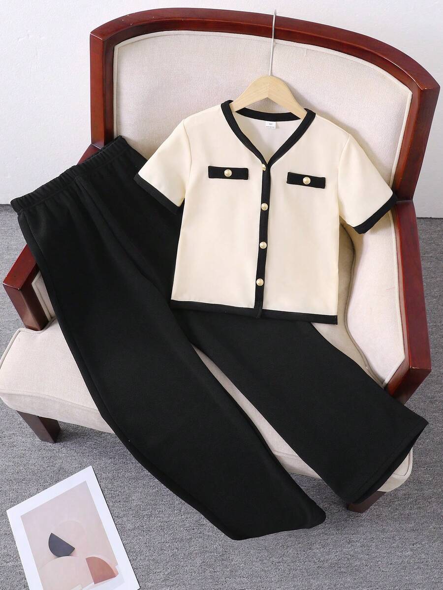 SHEIN Bộ đồ 2 món cho bé gái tuổi teen: áo ngắn tay cổ chữ V phối màu tương phản và quần dài kiểu dáng thường ngày. - Màu be - Xem 1