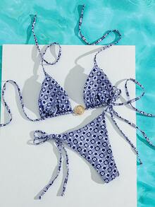Swim Vcay Summer Beach Vacation Women's Reversible Gingham Print Halter Top & Tie Side Bottoms Bikini Set - Multicolor - View 2