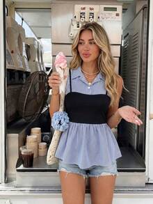 Franclia Multicolor Geometric Collared Sleeveless Flared Shirt With Ruffle Hem For Women Casual Wear - Multicolor - View 1