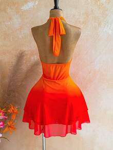 Soleia New Casual Vacation Western Beach Wedding Guest Attire Graduation Brunch St. Patrick's Day Spring Break Easter Music Festival Elegant Bohemian Tropical Chic Orange Beaded Asymmetrical Hem Ombre Halter Mini Dress For Beach Holiday - Multicolor - View 2