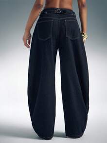 Barrel Leg Adjustable Waist Jeans Barrel Jeans Fashionable Denim - Dark Wash - View 4