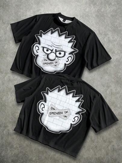 Manfinity ZONE917 Áo thun nam dáng rộng, rách rưới, in hình mặt cười toe toét ngộ nghĩnh, thích hợp cho mùa xuân/hè.